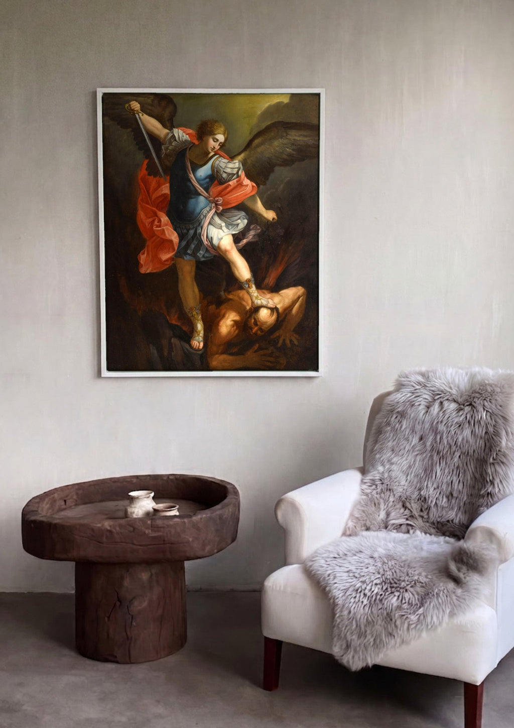 Quadro Decorativo Arcanjo Miguel Derrotando o Diabo - Guido Reni em ambiente decorado