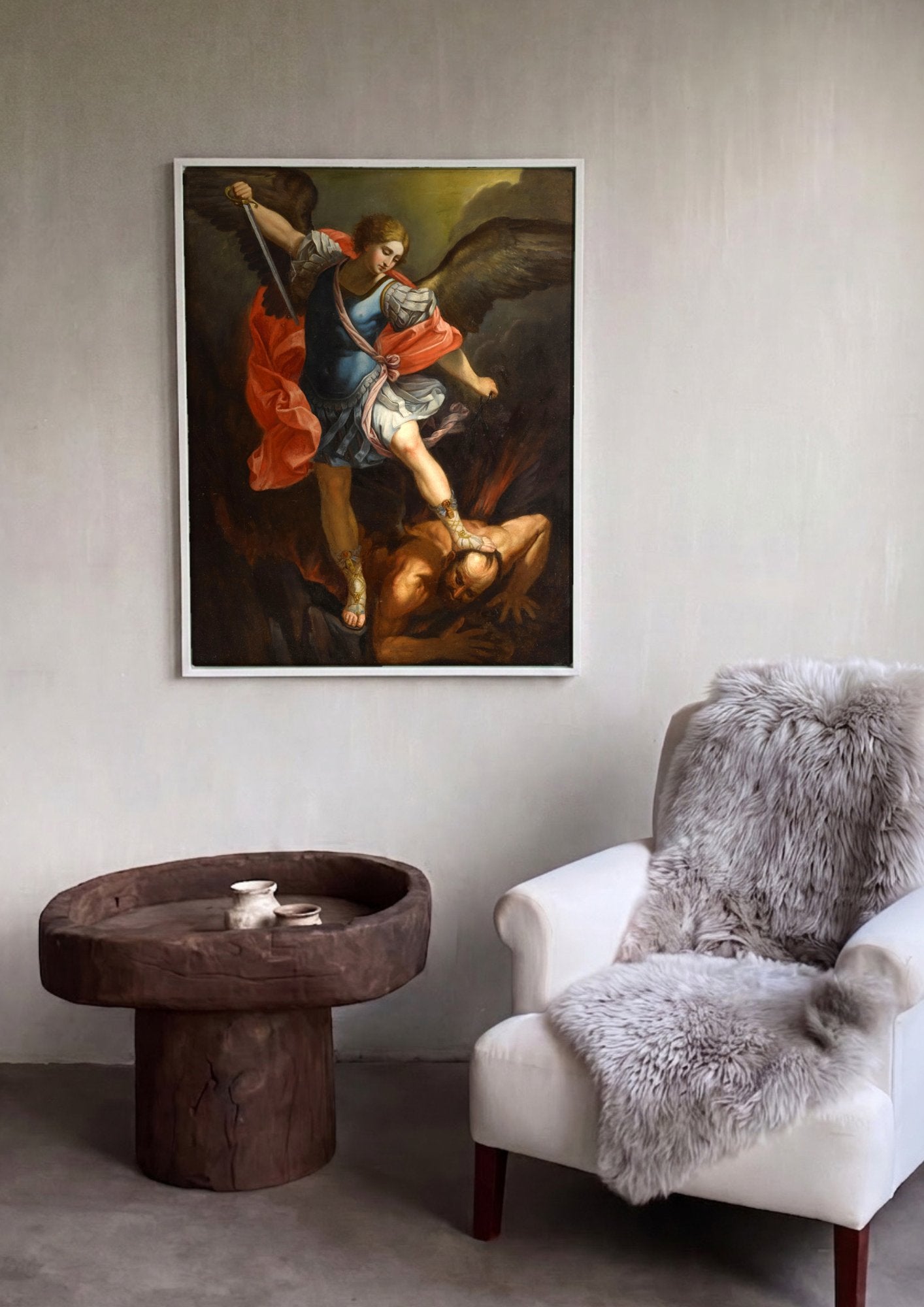 Quadro Decorativo Arcanjo Miguel Derrotando o Diabo - Guido Reni em ambiente decorado