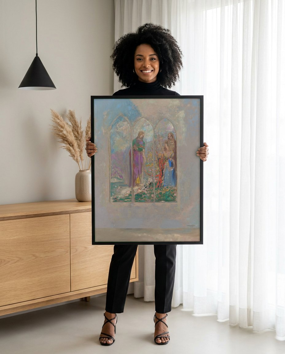 Quadro Decorativo A Janela (A Janela Gótica) - Odilon Redon com modelo em ambiente
