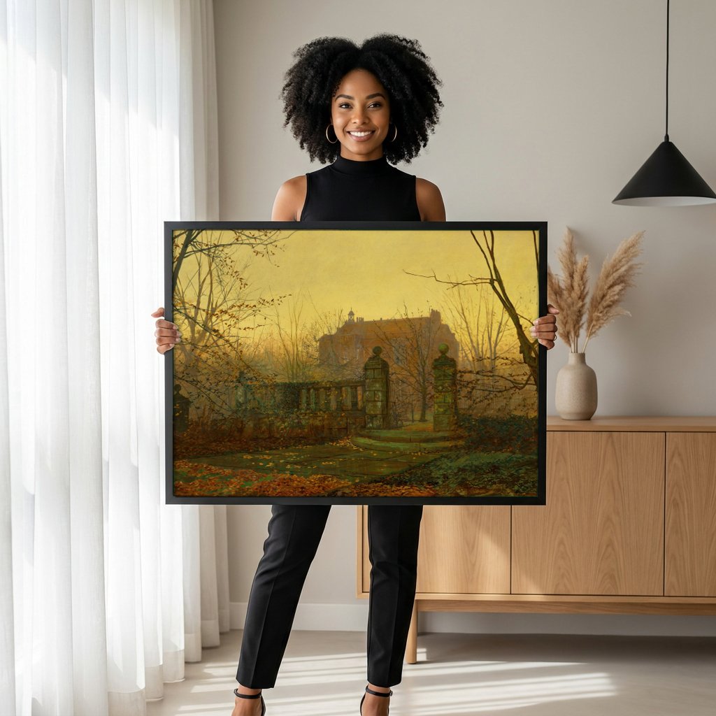 Quadro Decorativo Portão de Mansão no Outono - Grimshaw com modelo em ambiente