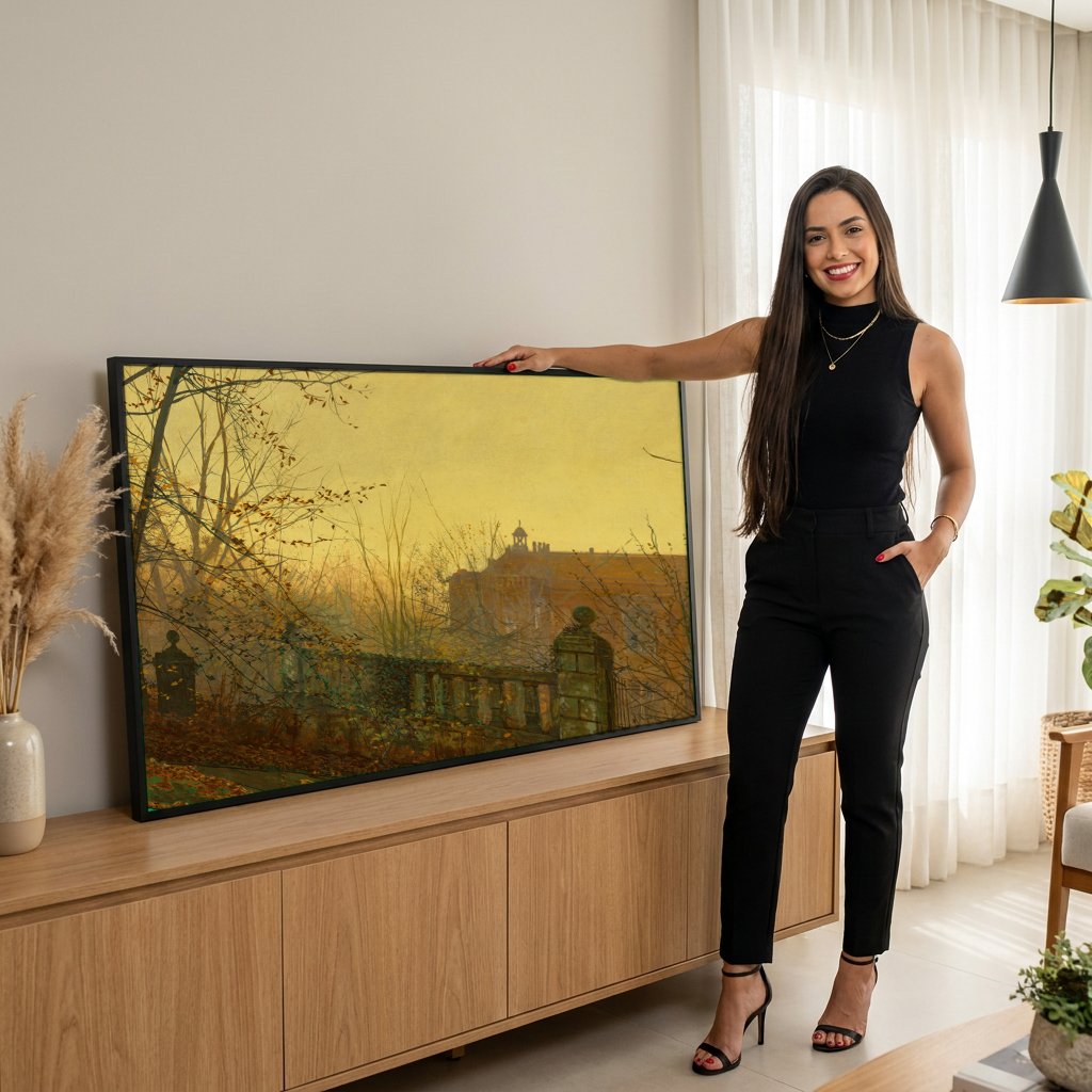 Quadro Decorativo Portão de Mansão no Outono - Grimshaw com modelo em ambiente