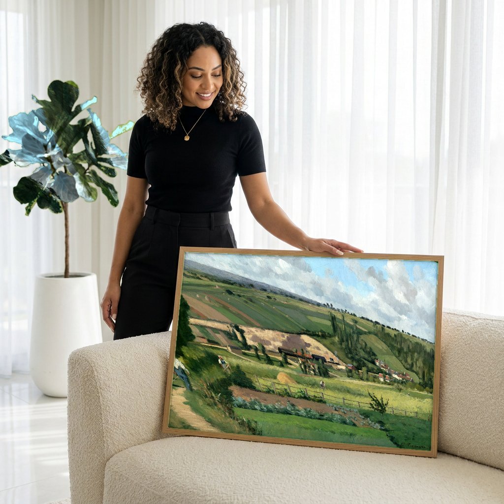Quadro Decorativo A Colheita em Montfoucault - Pissarro com modelo em ambiente