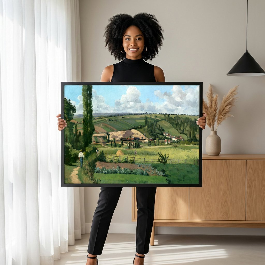 Quadro Decorativo A Colheita em Montfoucault - Pissarro com modelo em ambiente