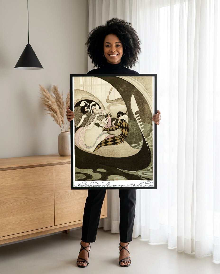Quadro Decorativo Les Sérénades d'Amour - Gerda Wegener com modelo em ambiente