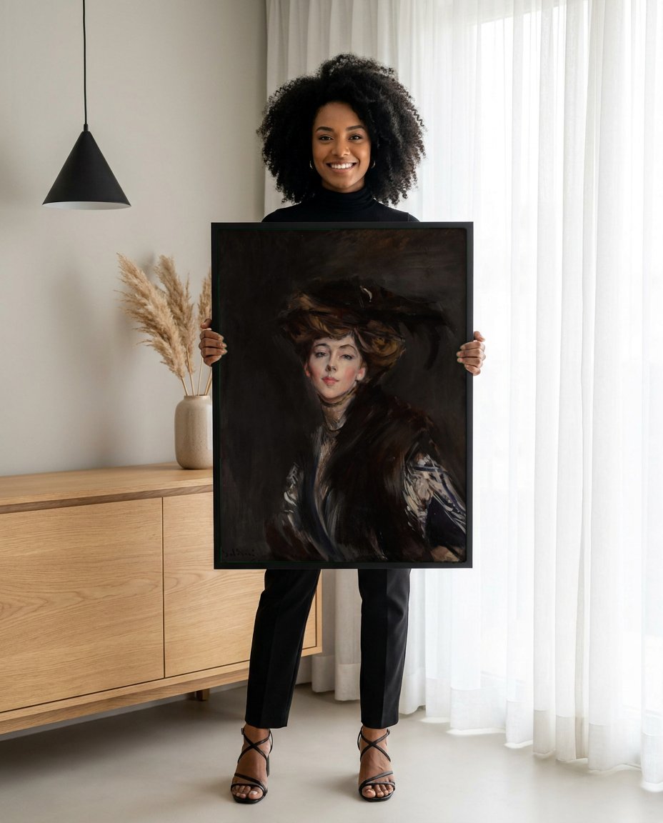 Quadro Decorativo Retrato Feminino - Giovanni Boldini com modelo em ambiente