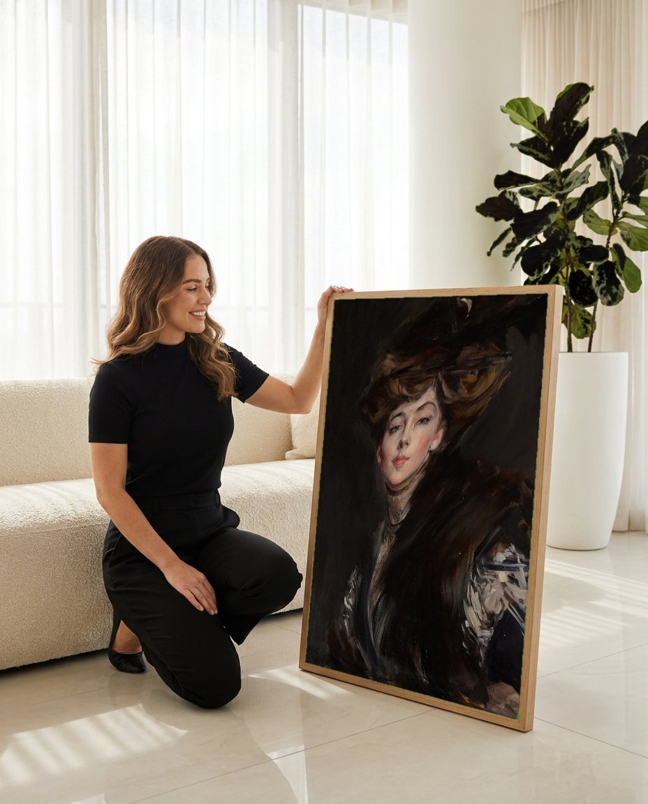 Quadro Decorativo Retrato Feminino - Giovanni Boldini com modelo em ambiente