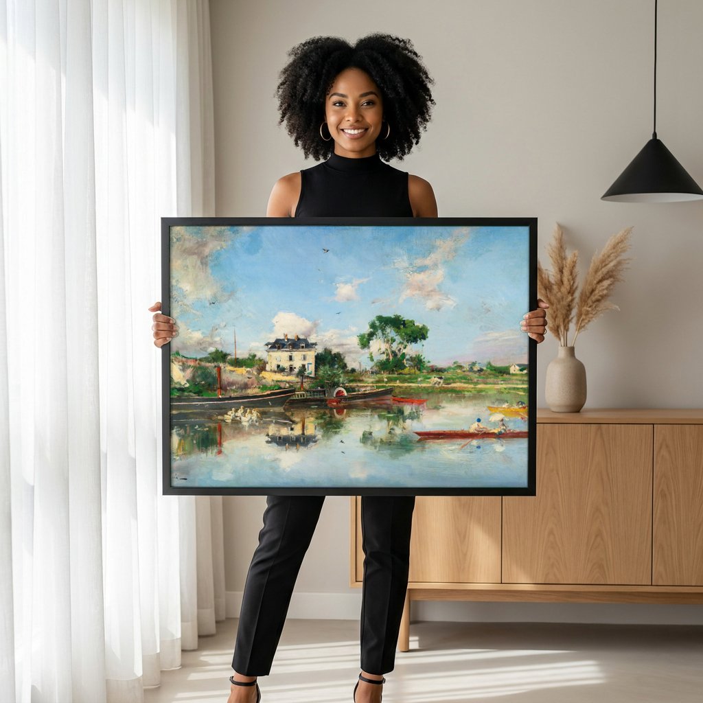 Quadro Decorativo Paisagem Fluvial - Giovanni Boldini com modelo em ambiente