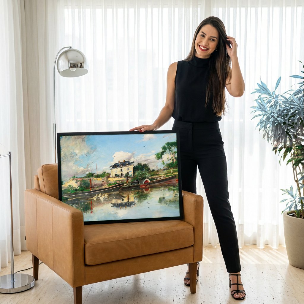 Quadro Decorativo Paisagem Fluvial - Giovanni Boldini com modelo em ambiente
