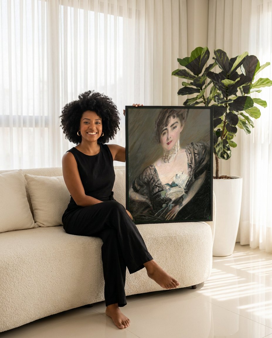 Quadro Decorativo Retrato Feminino - Giovanni Boldini com modelo em ambiente