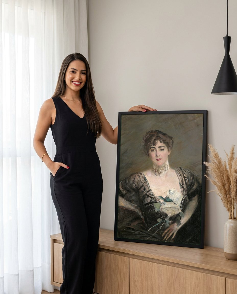 Quadro Decorativo Retrato Feminino - Giovanni Boldini com modelo em ambiente