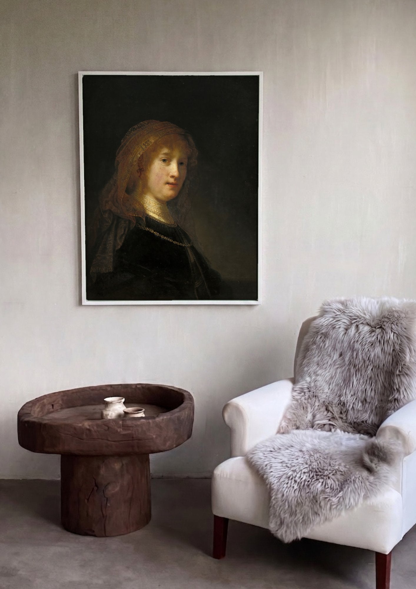 Quadro Decorativo Retrato de Mulher Jovem - Rembrandt em ambiente decorado