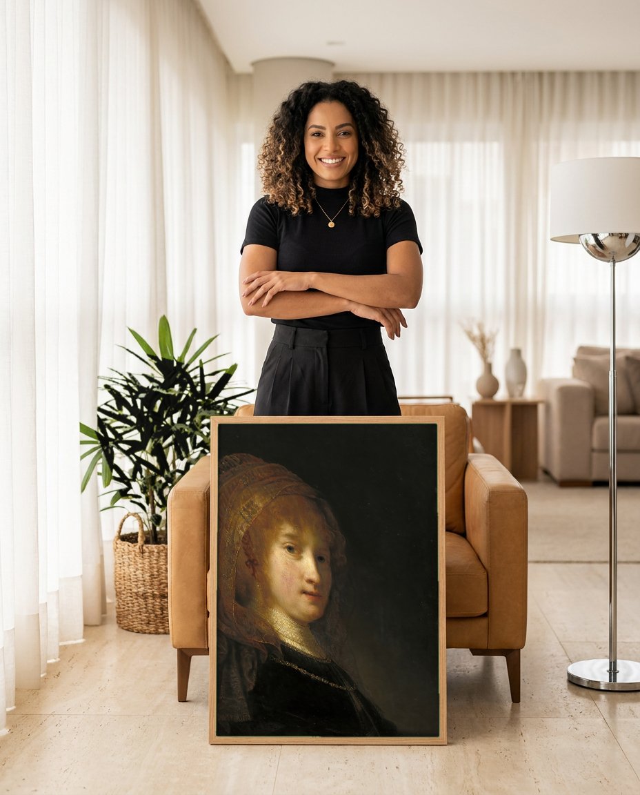 Quadro Decorativo Retrato de Mulher Jovem - Rembrandt com modelo em ambiente