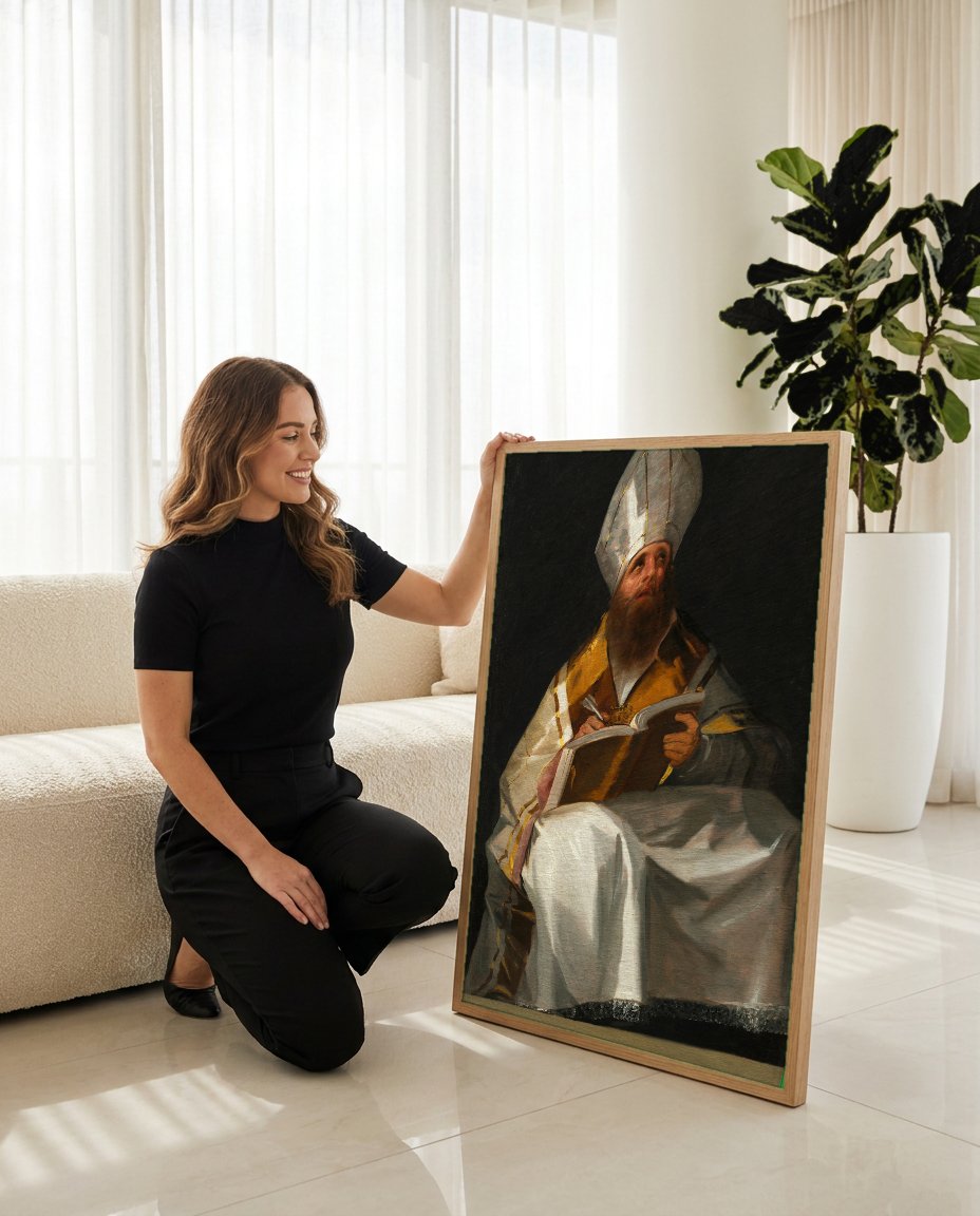 Quadro Decorativo Santo Escrevendo - Goya com modelo em ambiente