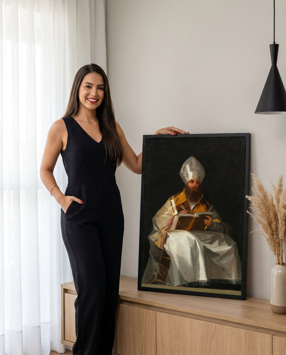 Quadro Decorativo Santo Escrevendo - Goya com modelo em ambiente