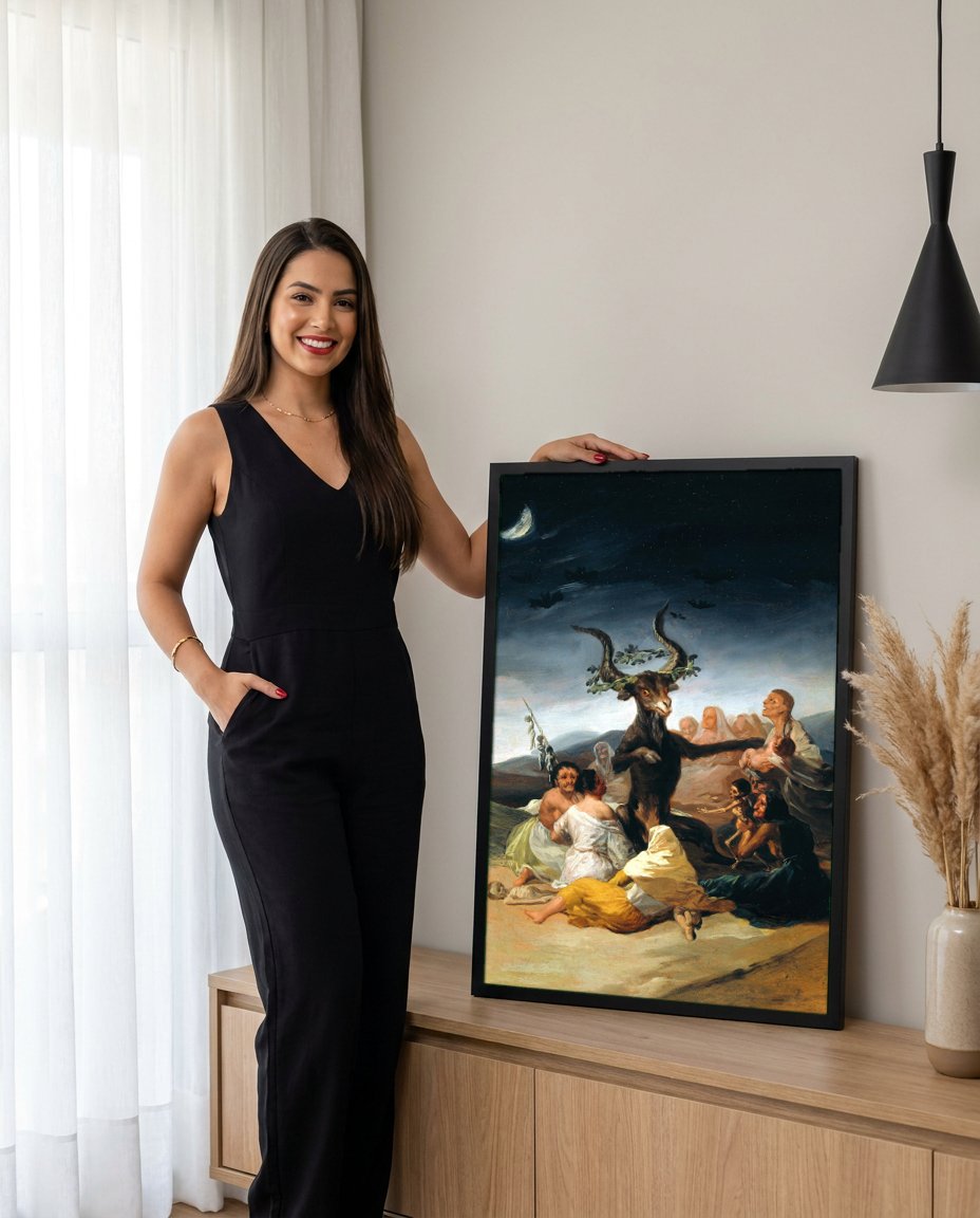 Quadro Decorativo O Sabá das Bruxas - Goya com modelo em ambiente