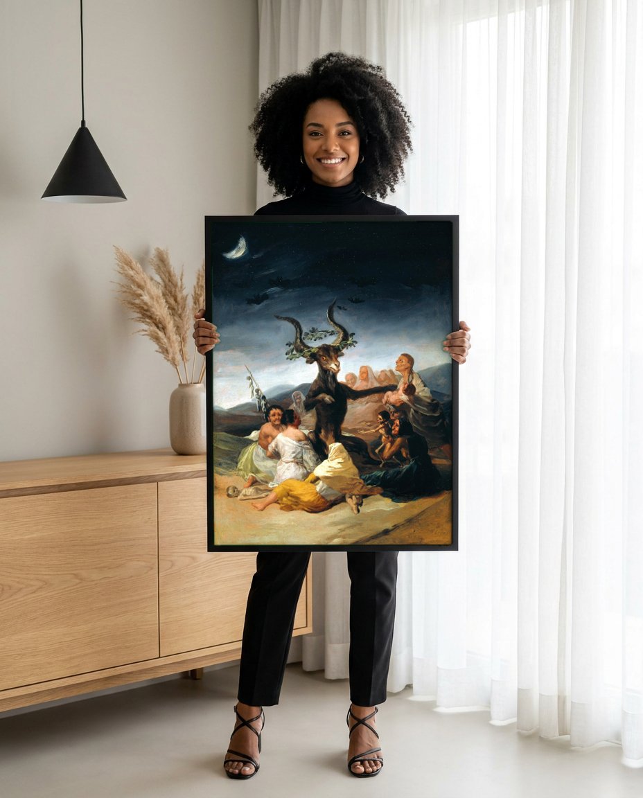 Quadro Decorativo O Sabá das Bruxas - Goya com modelo em ambiente