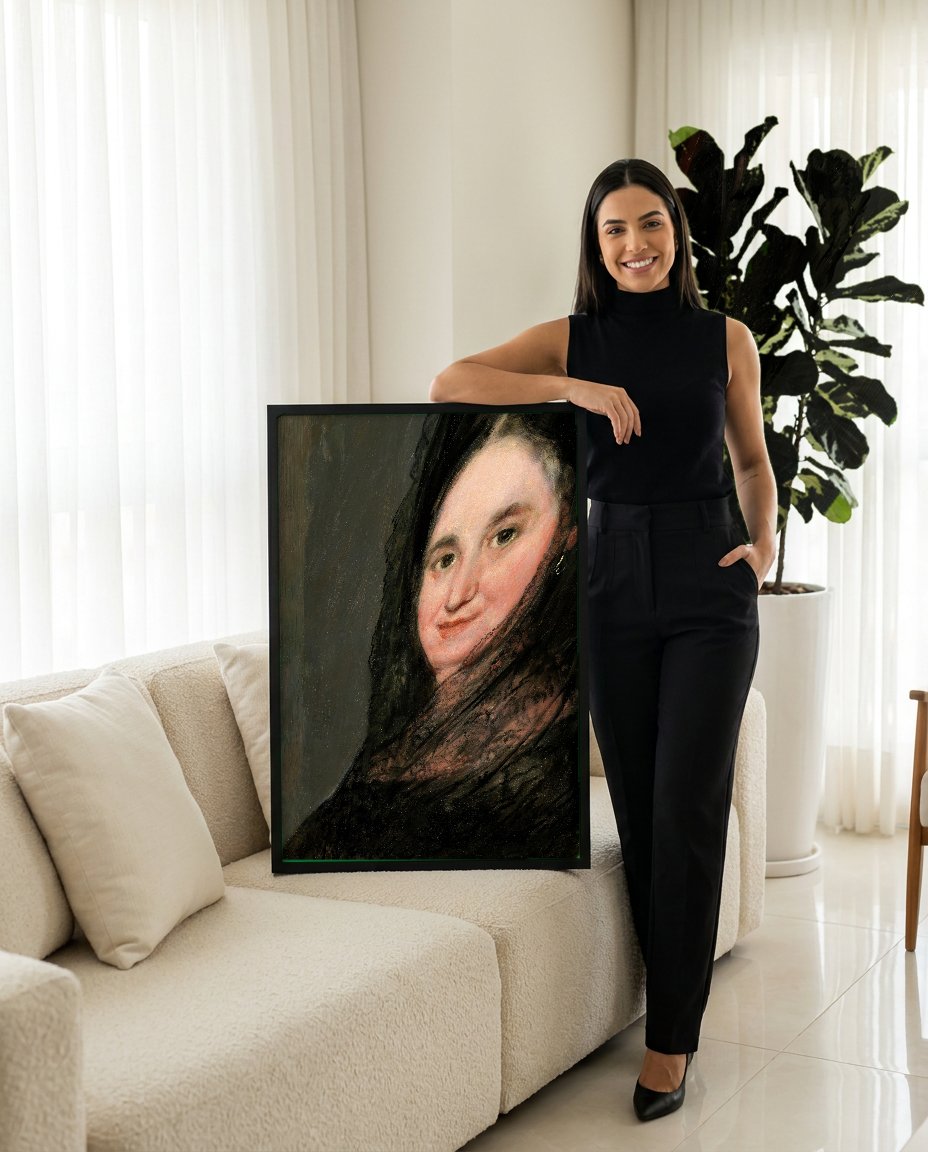Quadro Decorativo 'A Dama de Preto' - Goya com modelo em ambiente