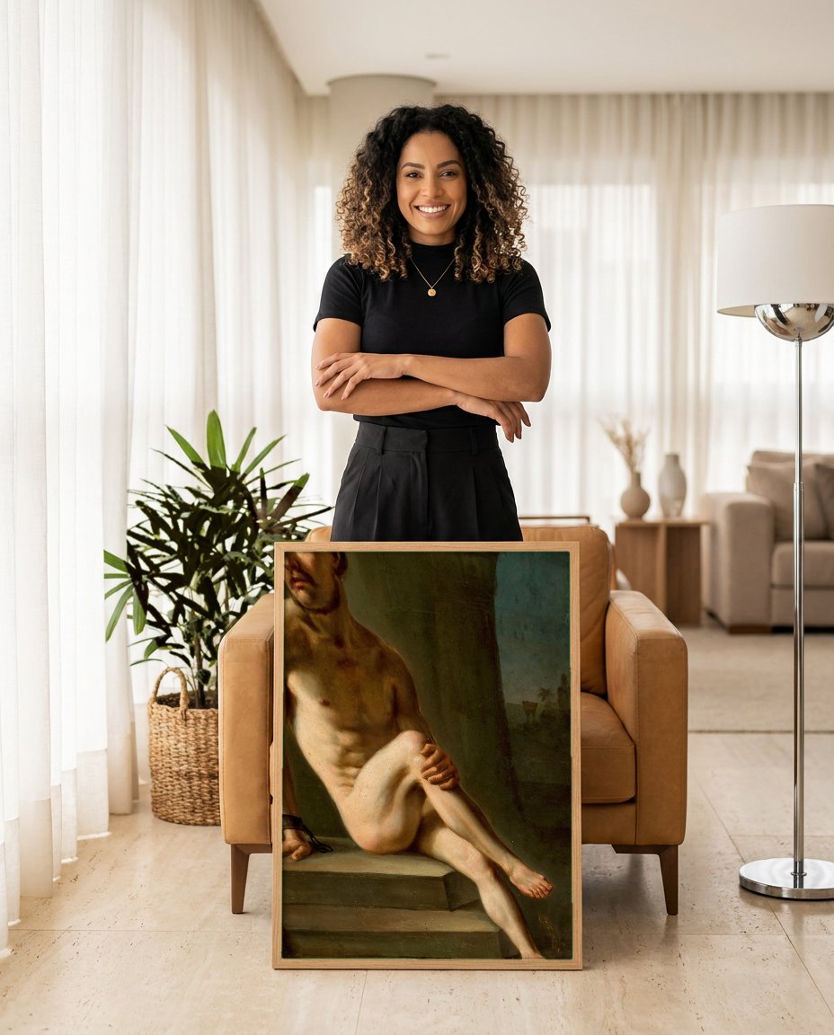 Quadro Decorativo Homem Acorrentado - Józef Simmler com modelo em ambiente