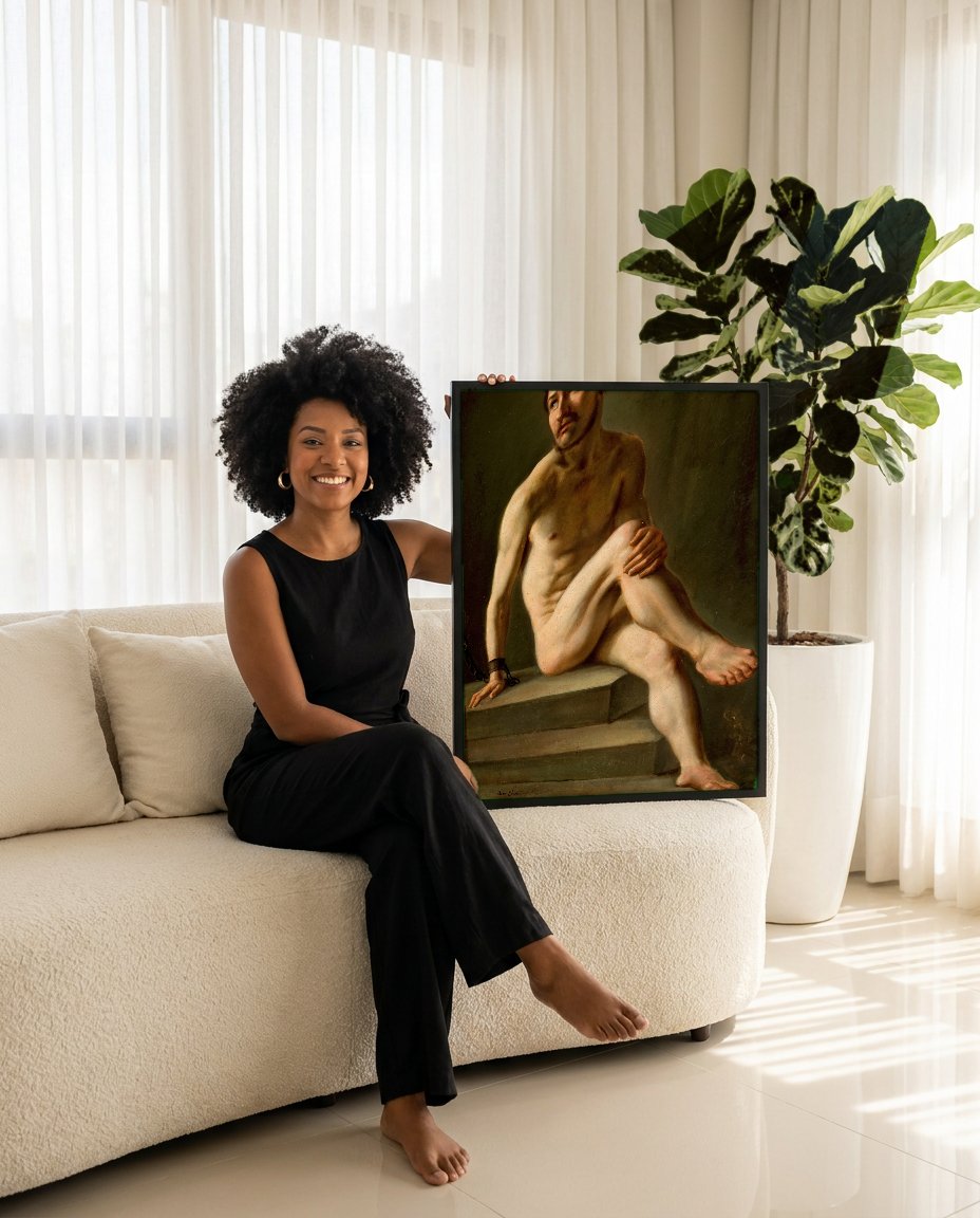 Quadro Decorativo Homem Acorrentado - Józef Simmler com modelo em ambiente