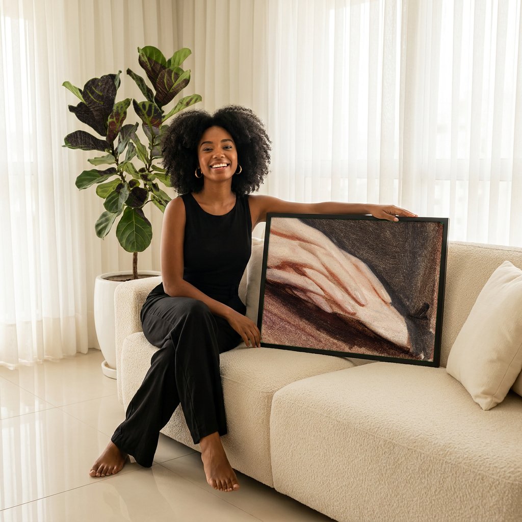 Quadro Decorativo Mãos Entrelaçadas - Józef Simmler com modelo em ambiente