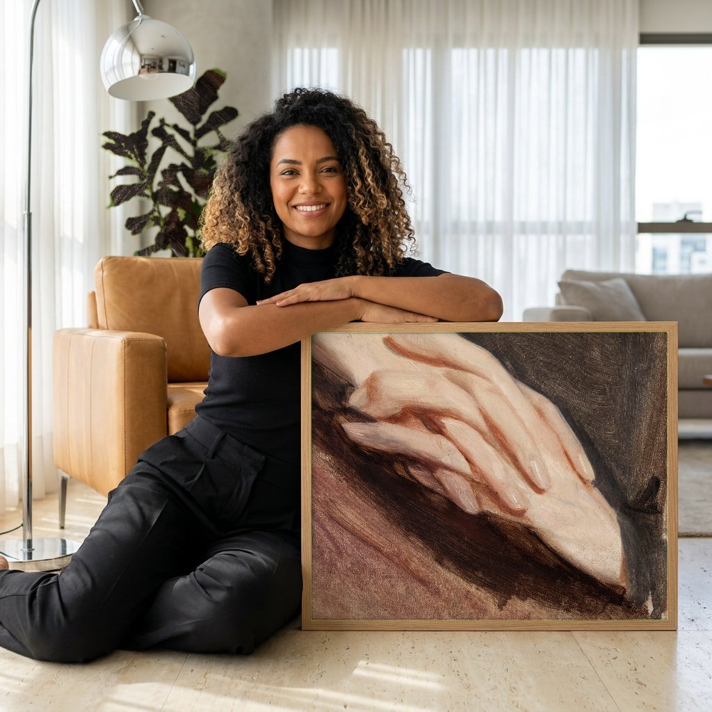 Quadro Decorativo Mãos Entrelaçadas - Józef Simmler com modelo em ambiente