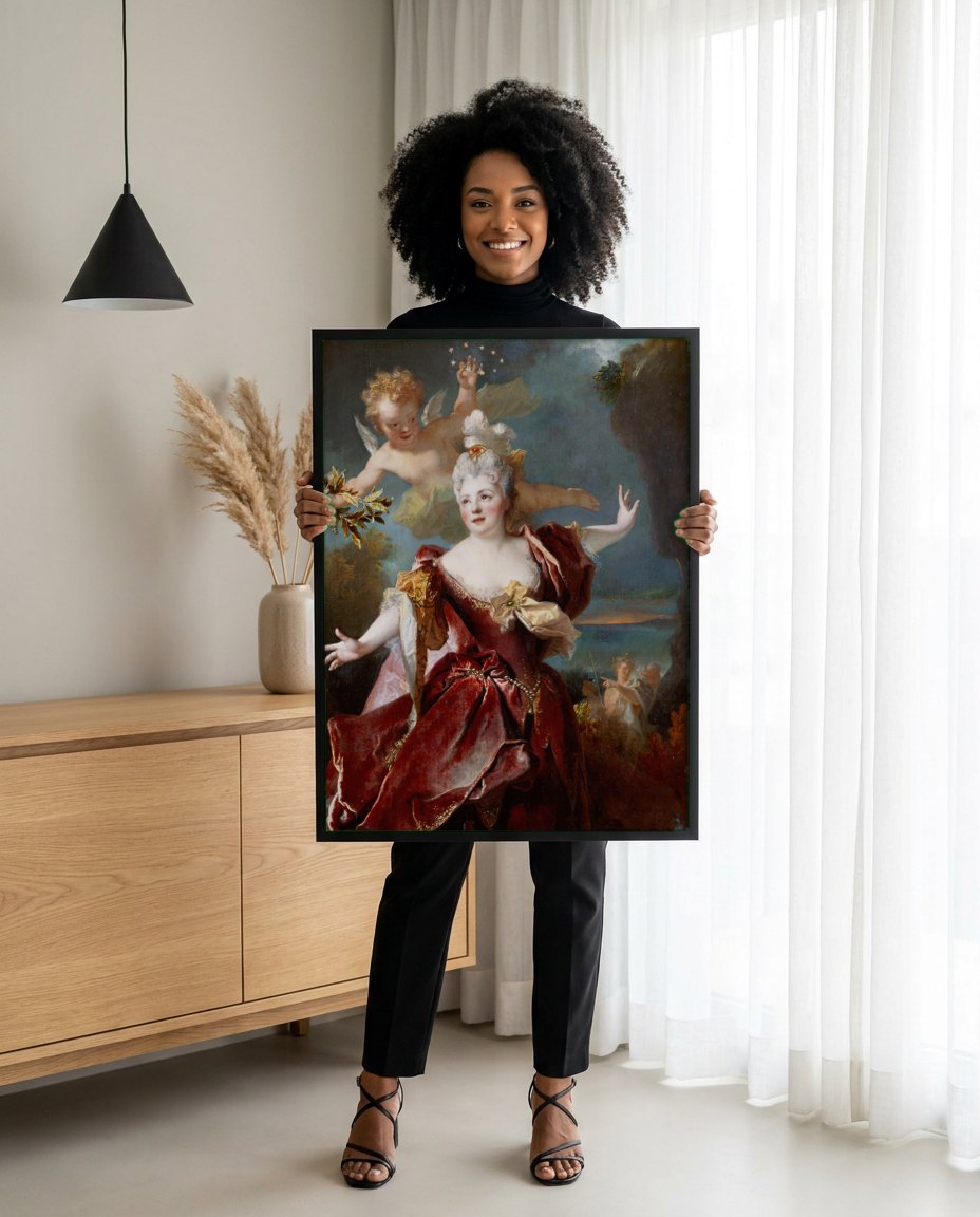 Quadro Decorativo Dama em Vermelho e Cupido - Largillière | modelo apresentando o quadro emoldurado