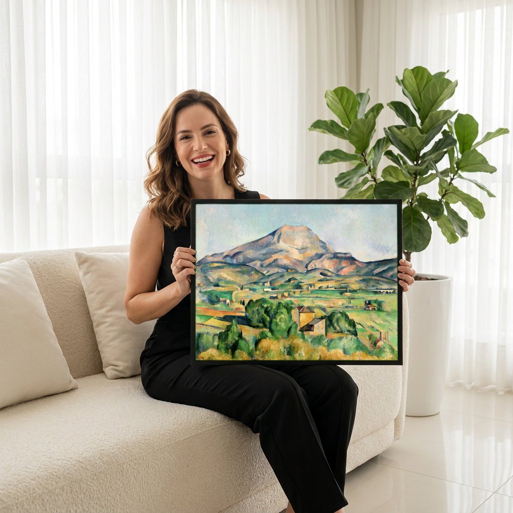 Quadro Decorativo Mont Sainte-Victoire - Paul Cézanne | modelo apresentando o quadro emoldurado