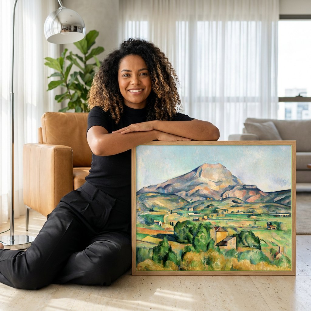 Quadro Decorativo Mont Sainte-Victoire - Paul Cézanne | modelo apresentando o quadro emoldurado