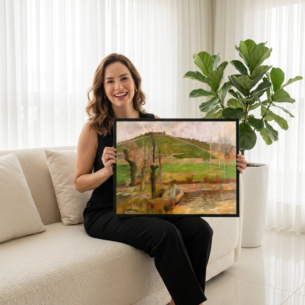 Quadro Decorativo Paisagem com Árvores - Paul Gauguin | modelo apresentando o quadro emoldurado