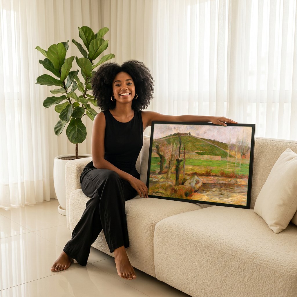 Quadro Decorativo Paisagem com Árvores - Paul Gauguin | modelo apresentando o quadro emoldurado