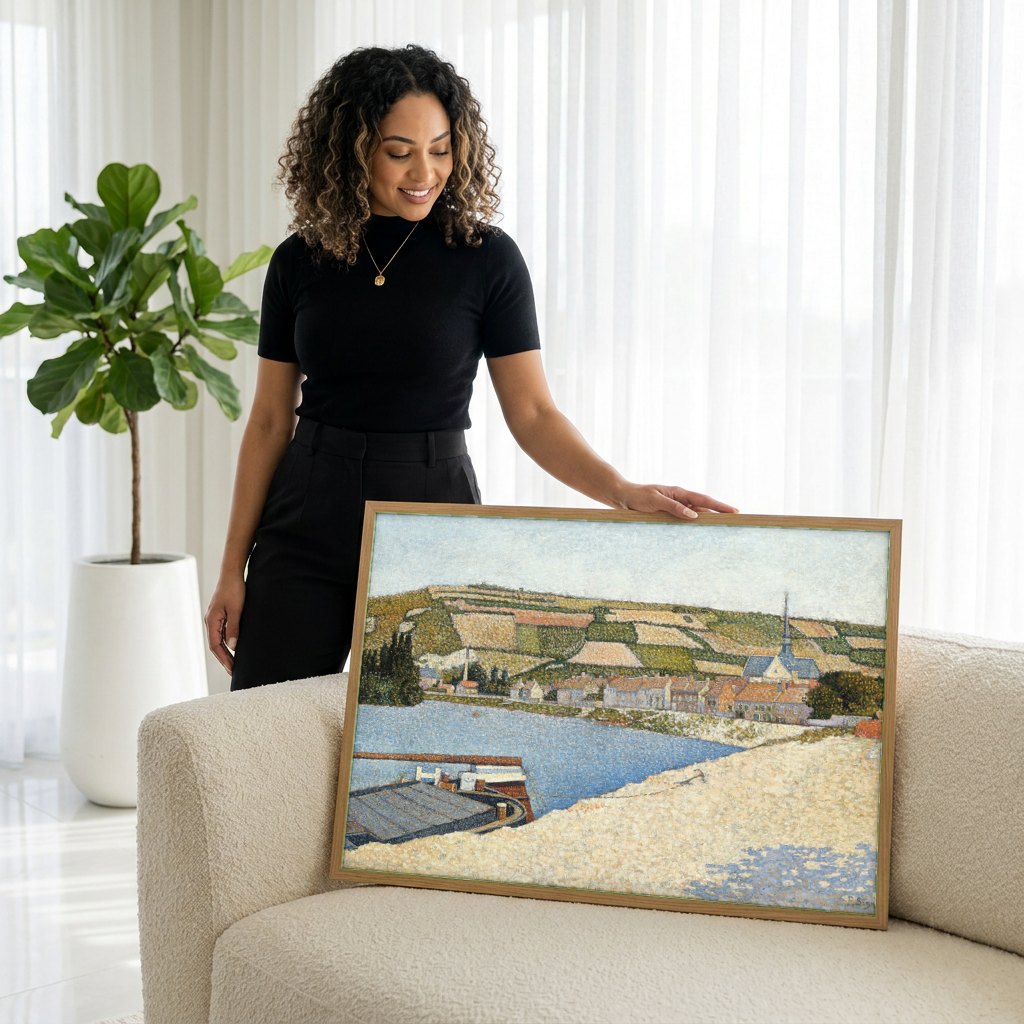 Quadro Decorativo Porto em Les Andelys - Paul Signac | modelo apresentando o quadro emoldurado