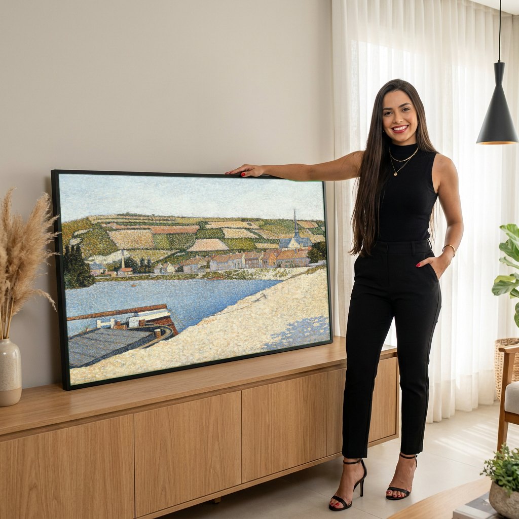 Quadro Decorativo Porto em Les Andelys - Paul Signac | modelo apresentando o quadro emoldurado