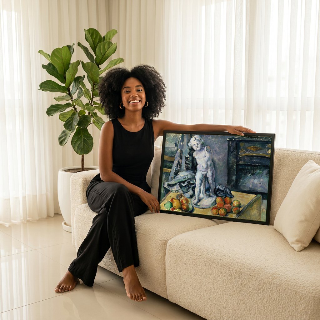 Quadro Decorativo Natureza-Morta com Cupido de Gesso - Cézanne | modelo apresentando o quadro emoldurado