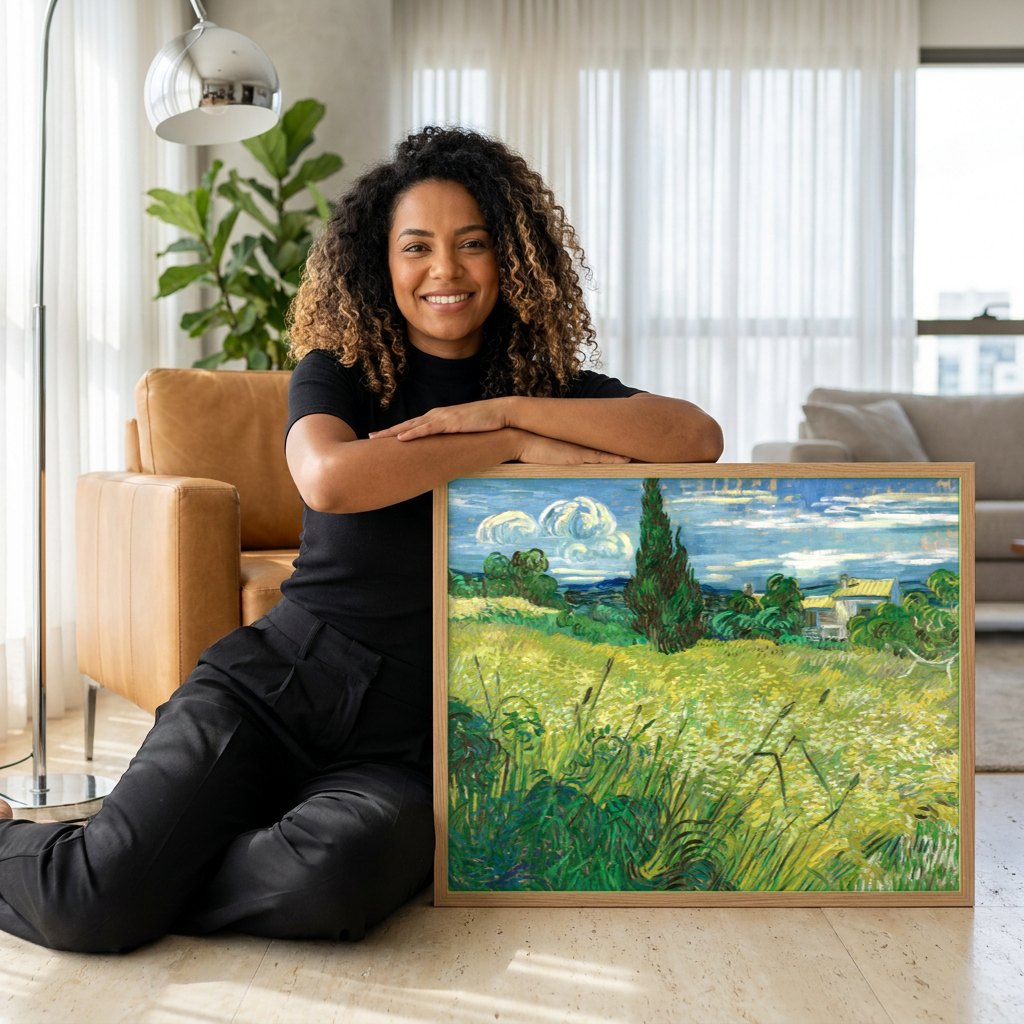 Quadro Decorativo Campo de Trigo com Cipreste - Van Gogh | modelo apresentando o quadro emoldurado