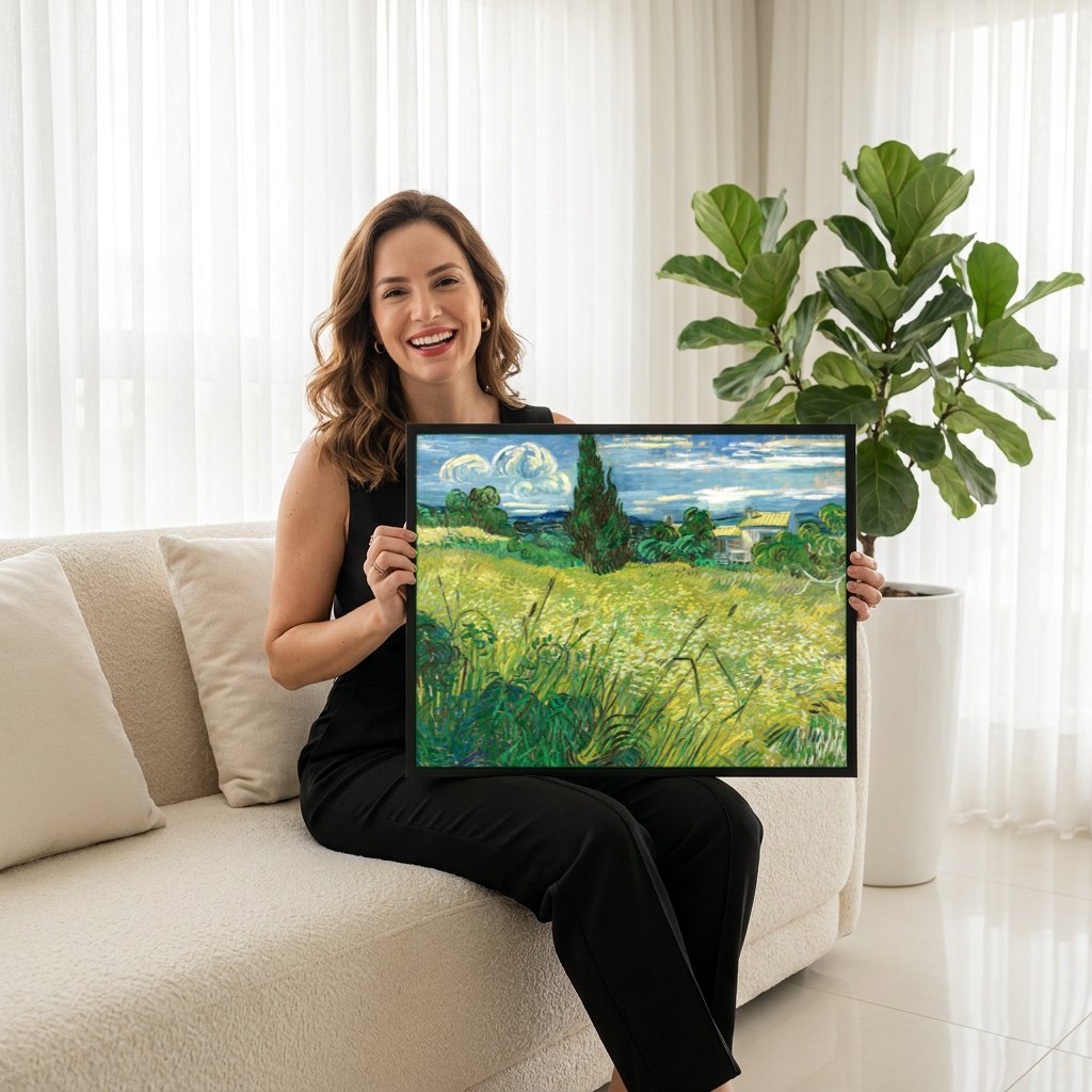 Quadro Decorativo Campo de Trigo com Cipreste - Van Gogh | modelo apresentando o quadro emoldurado