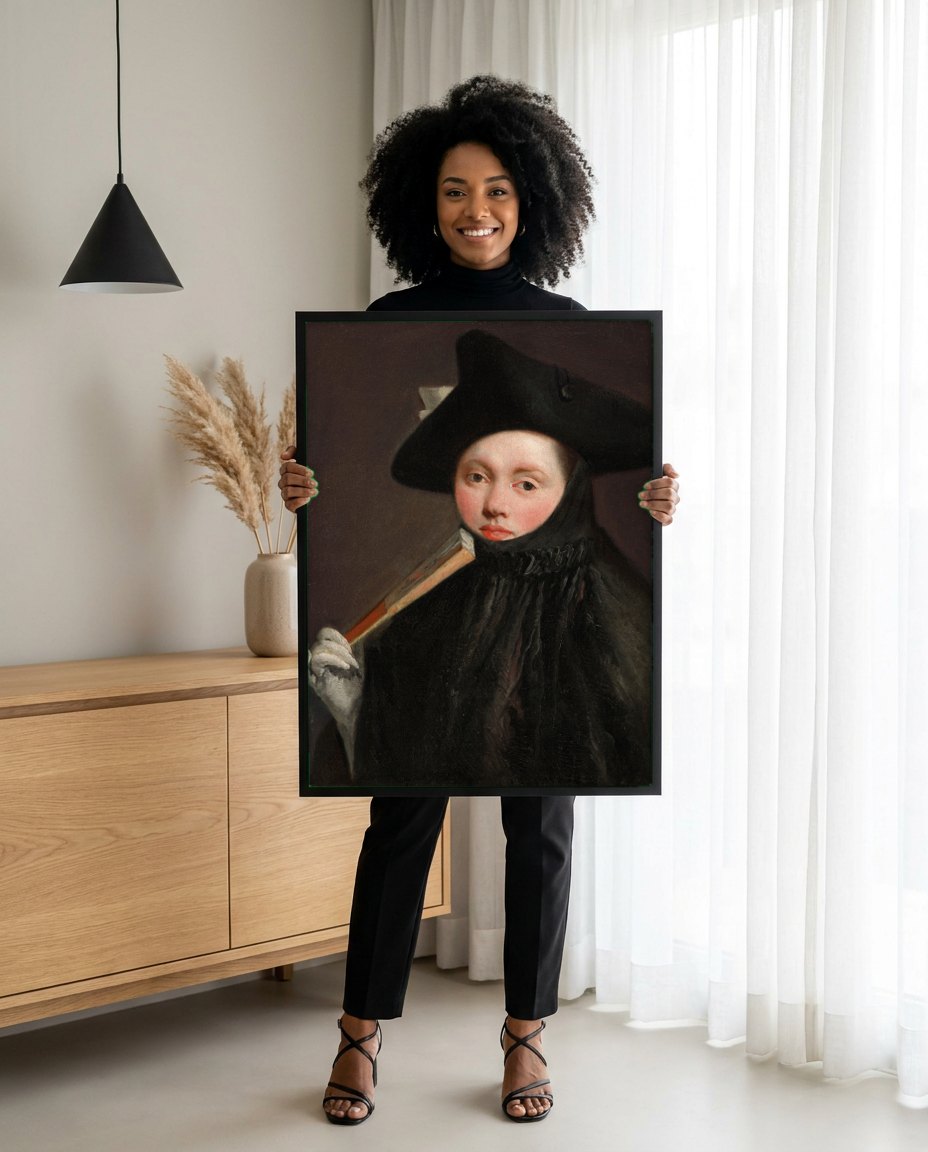 Quadro Decorativo Retrato com Leque - Tiepolo | modelo apresentando o quadro emoldurado