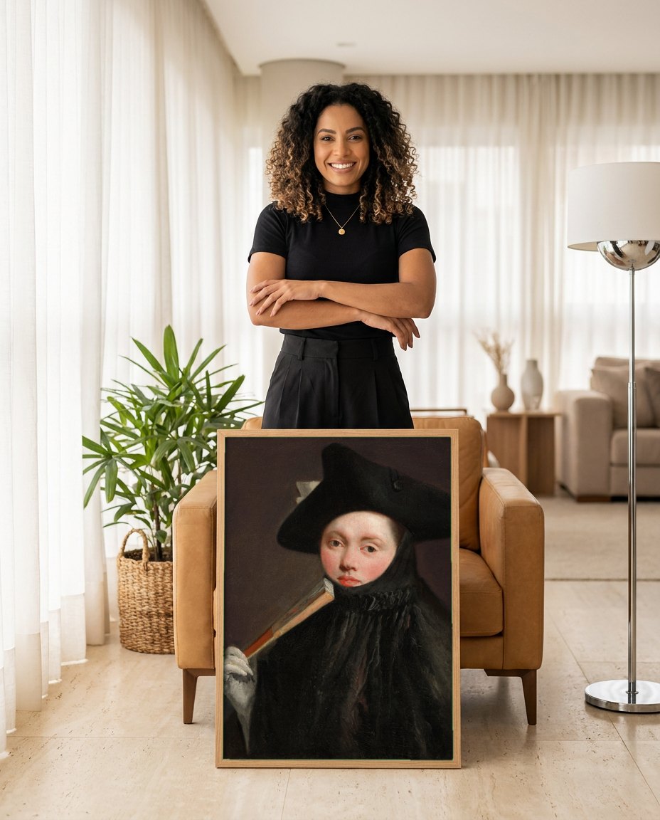 Quadro Decorativo Retrato com Leque - Tiepolo | modelo apresentando o quadro emoldurado