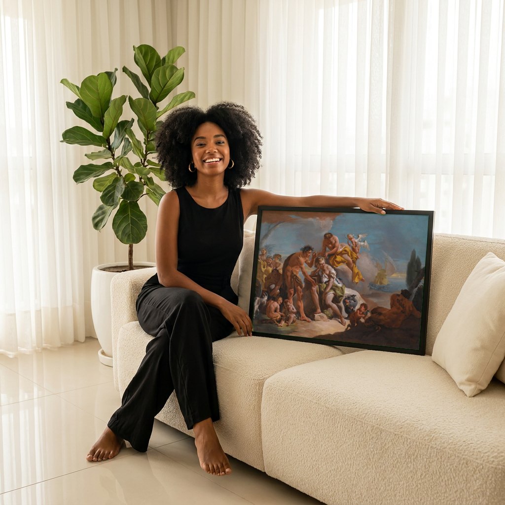 Quadro Decorativo A Chegada de Baco - Tiepolo | modelo apresentando o quadro emoldurado