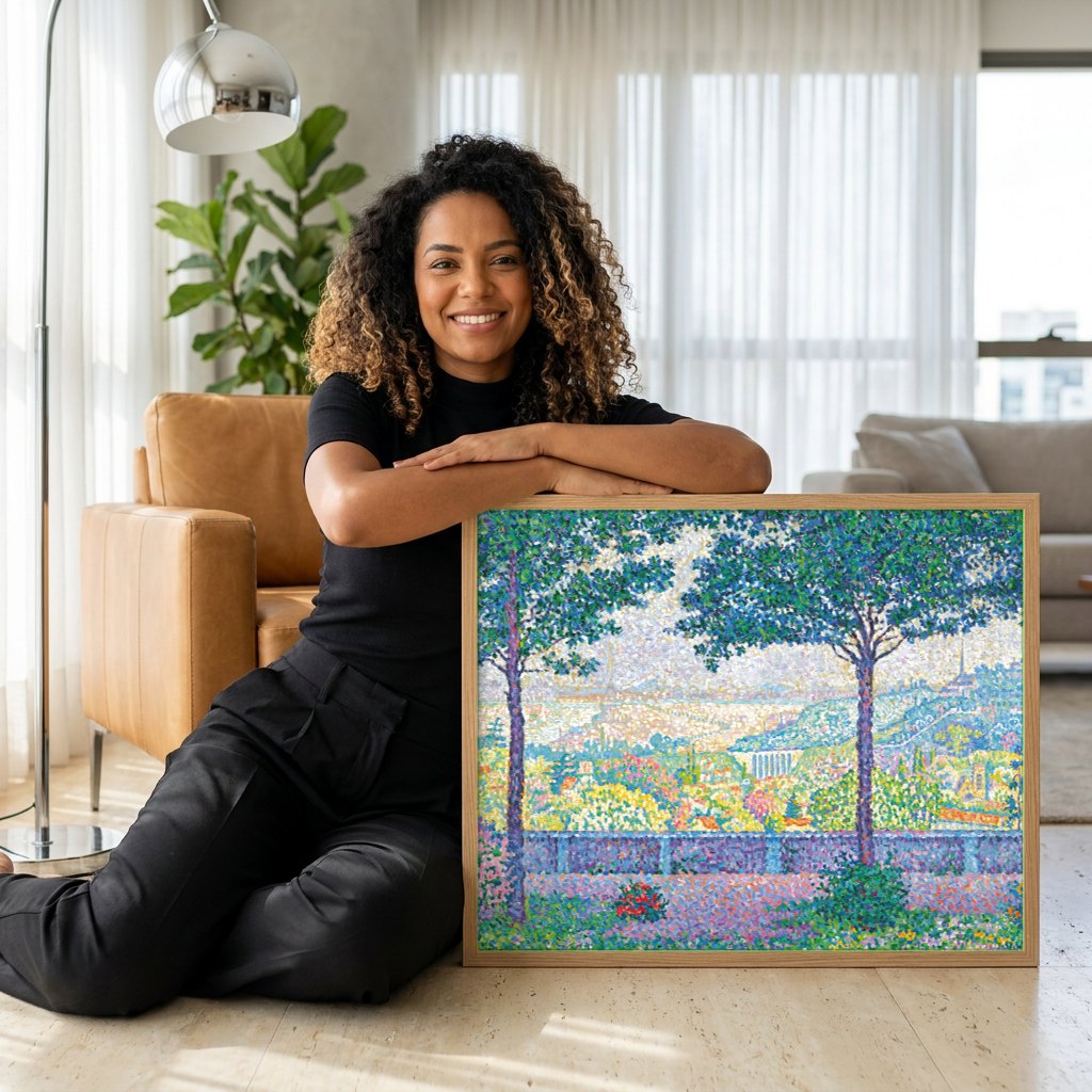 Quadro Decorativo Paisagem Pontilhista - Paul Signac | modelo apresentando o quadro emoldurado