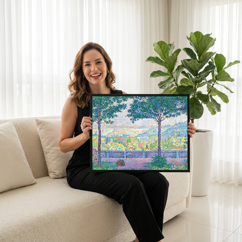 Quadro Decorativo Paisagem Pontilhista - Paul Signac | modelo apresentando o quadro emoldurado