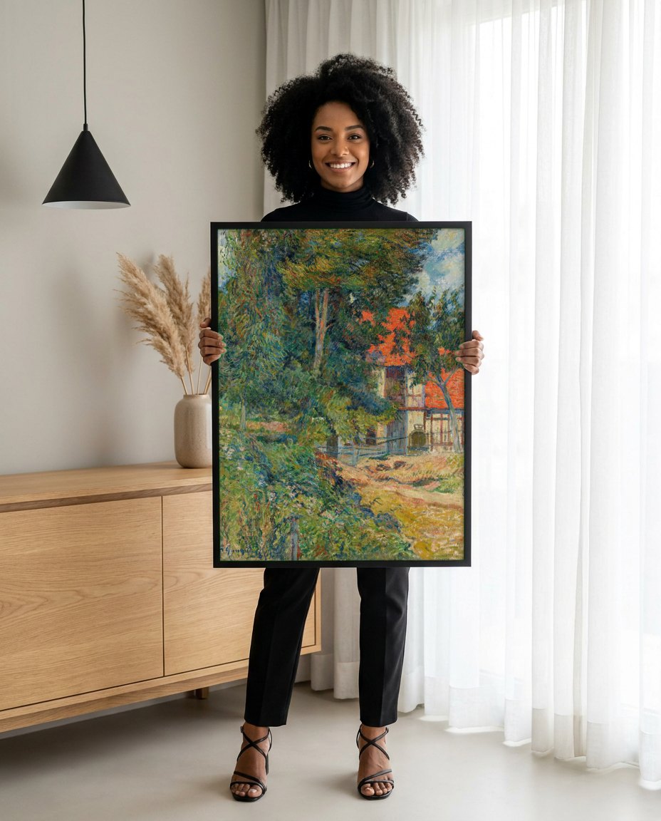 Quadro Decorativo A Casa do Fazendeiro - Paul Gauguin | modelo apresentando o quadro emoldurado