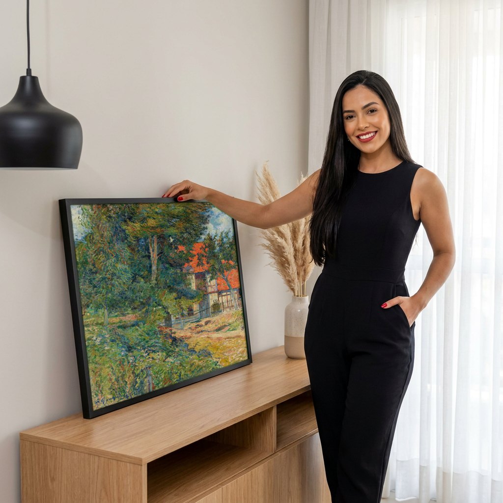 Quadro Decorativo A Casa do Fazendeiro - Paul Gauguin | modelo apresentando o quadro emoldurado