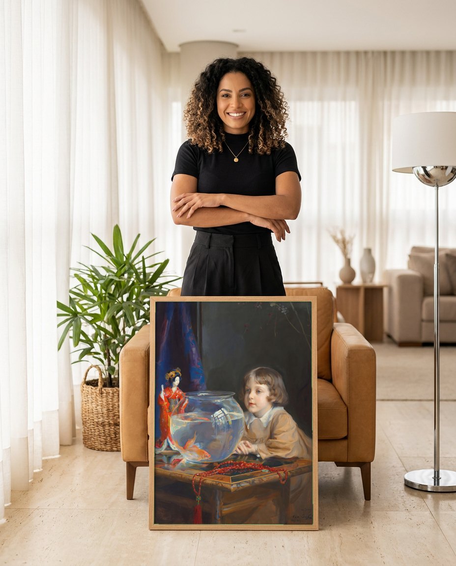 Quadro Decorativo A Menina e o Aquário - Philip Alexius de László | modelo apresentando o quadro emoldurado
