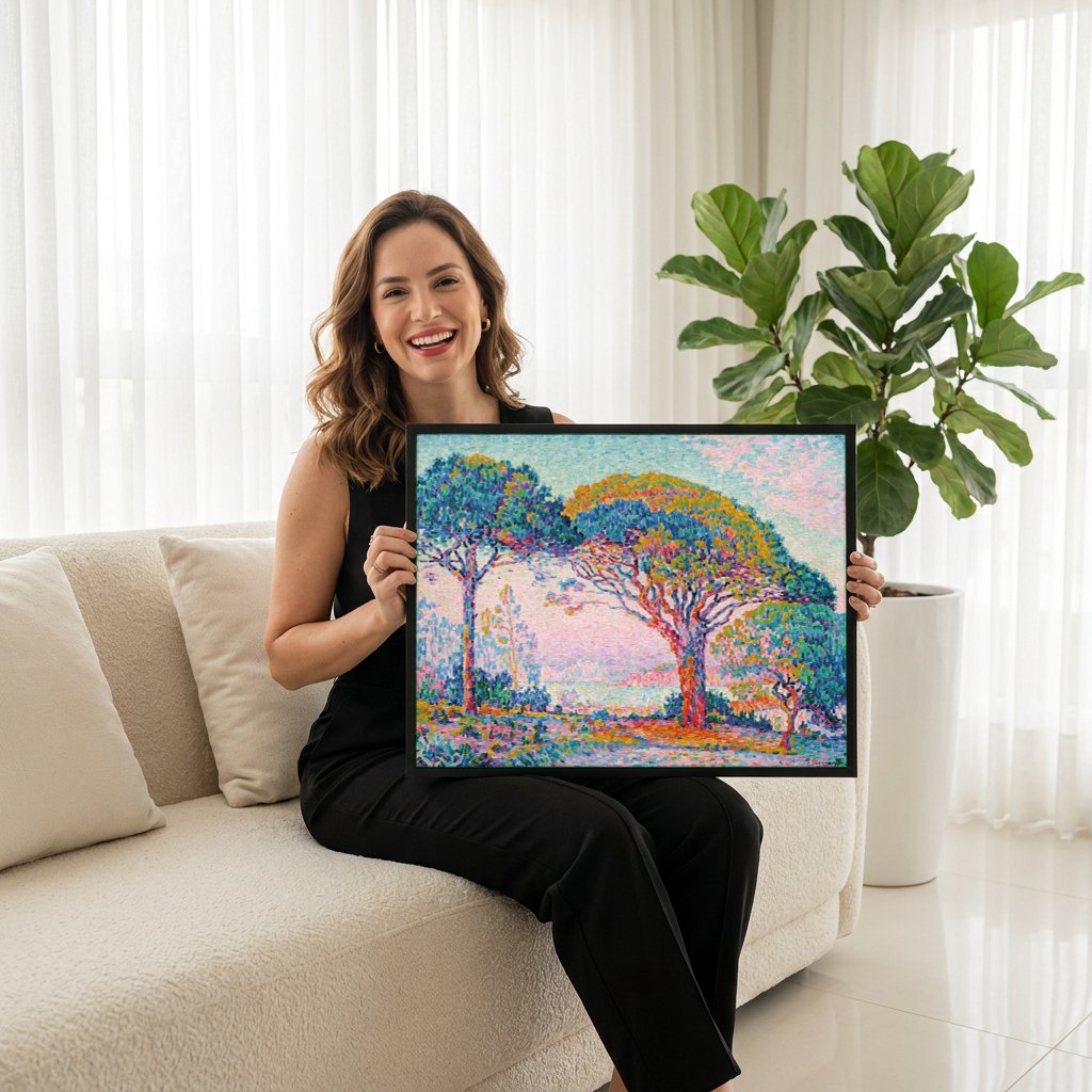 Quadro Decorativo Paisagem Pontilhista - Paul Signac | modelo apresentando o quadro emoldurado
