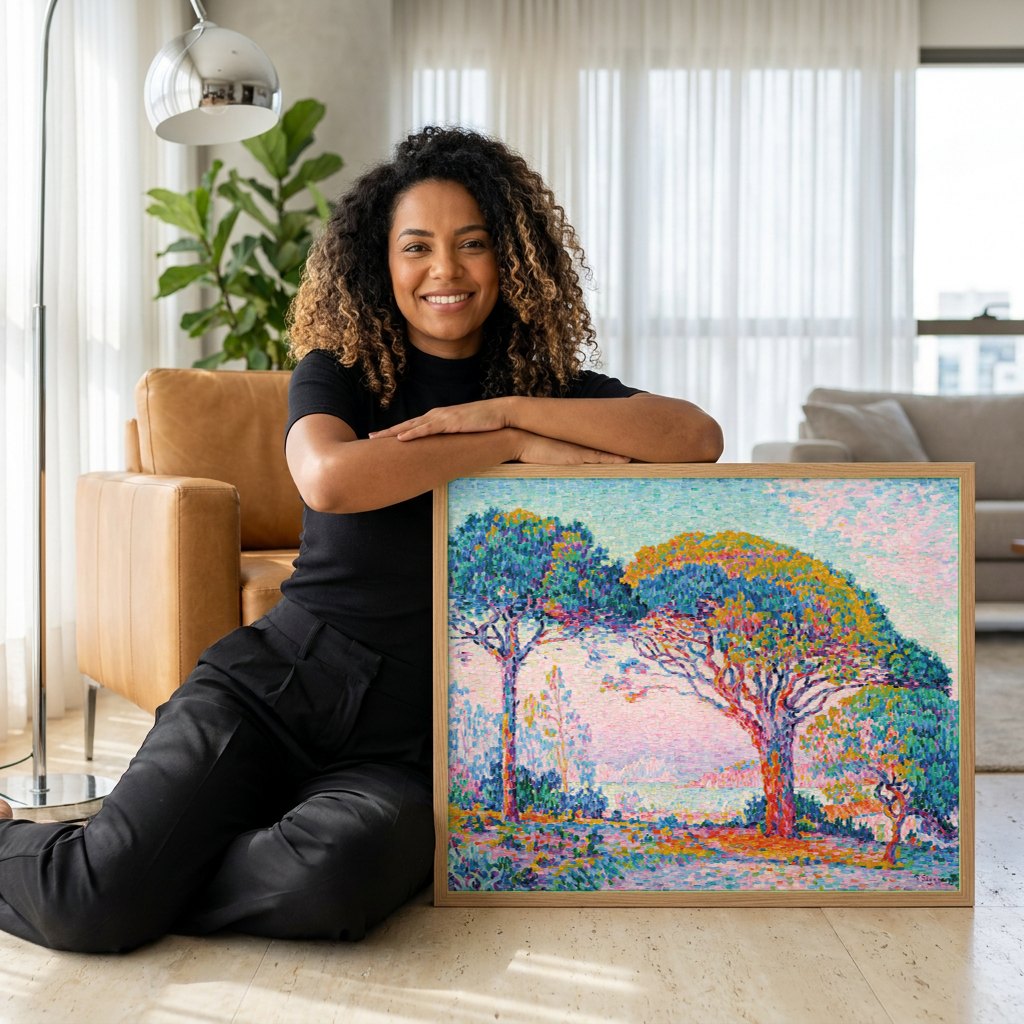 Quadro Decorativo Paisagem Pontilhista - Paul Signac | modelo apresentando o quadro emoldurado