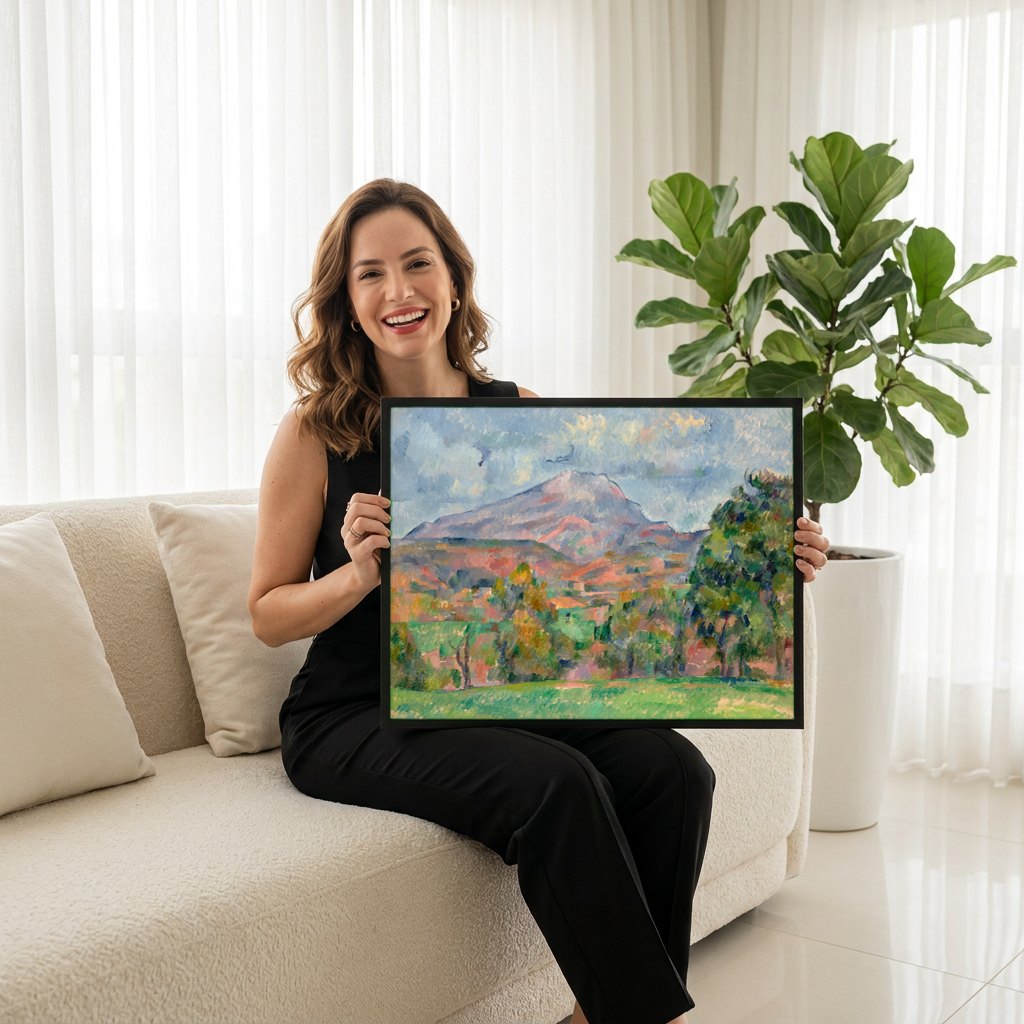 Quadro Decorativo Mont Sainte-Victoire - Paul Cézanne | modelo apresentando o quadro emoldurado