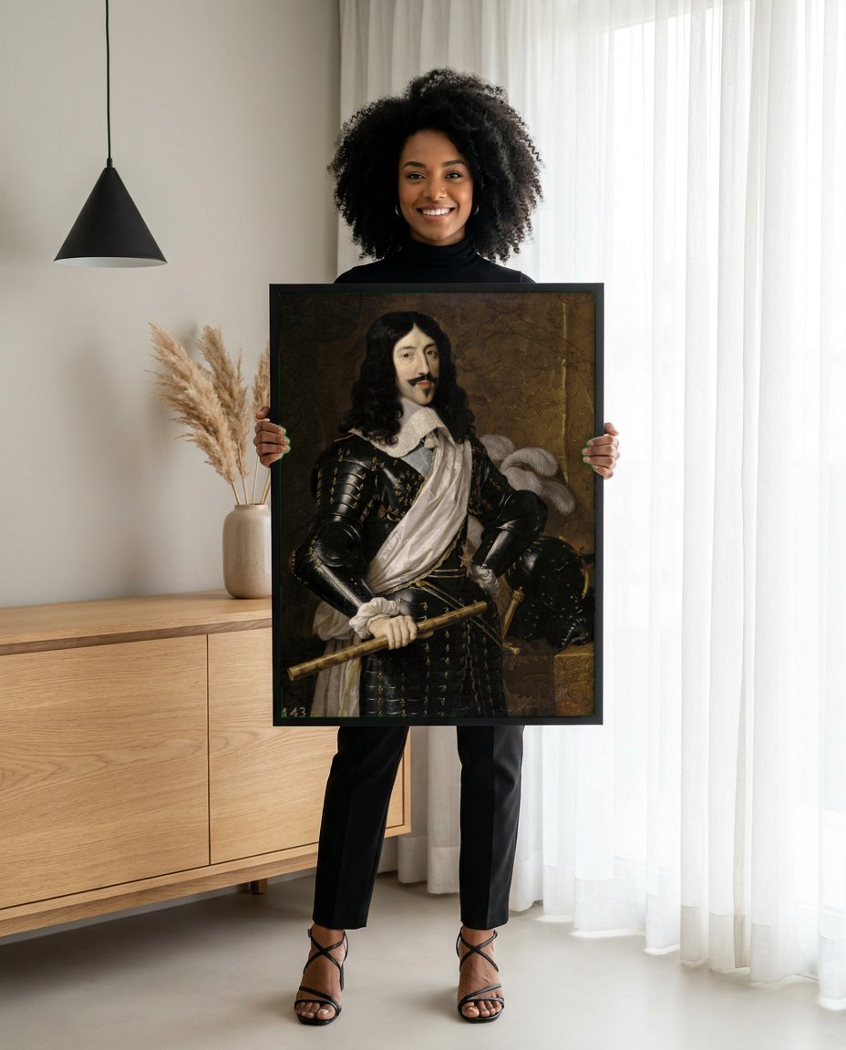 Quadro Decorativo Retrato de Luís XIII - Philippe de Champaigne | modelo apresentando o quadro emoldurado