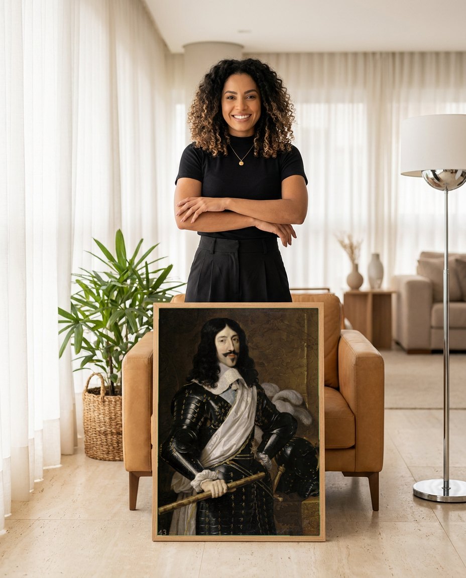 Quadro Decorativo Retrato de Luís XIII - Philippe de Champaigne | modelo apresentando o quadro emoldurado