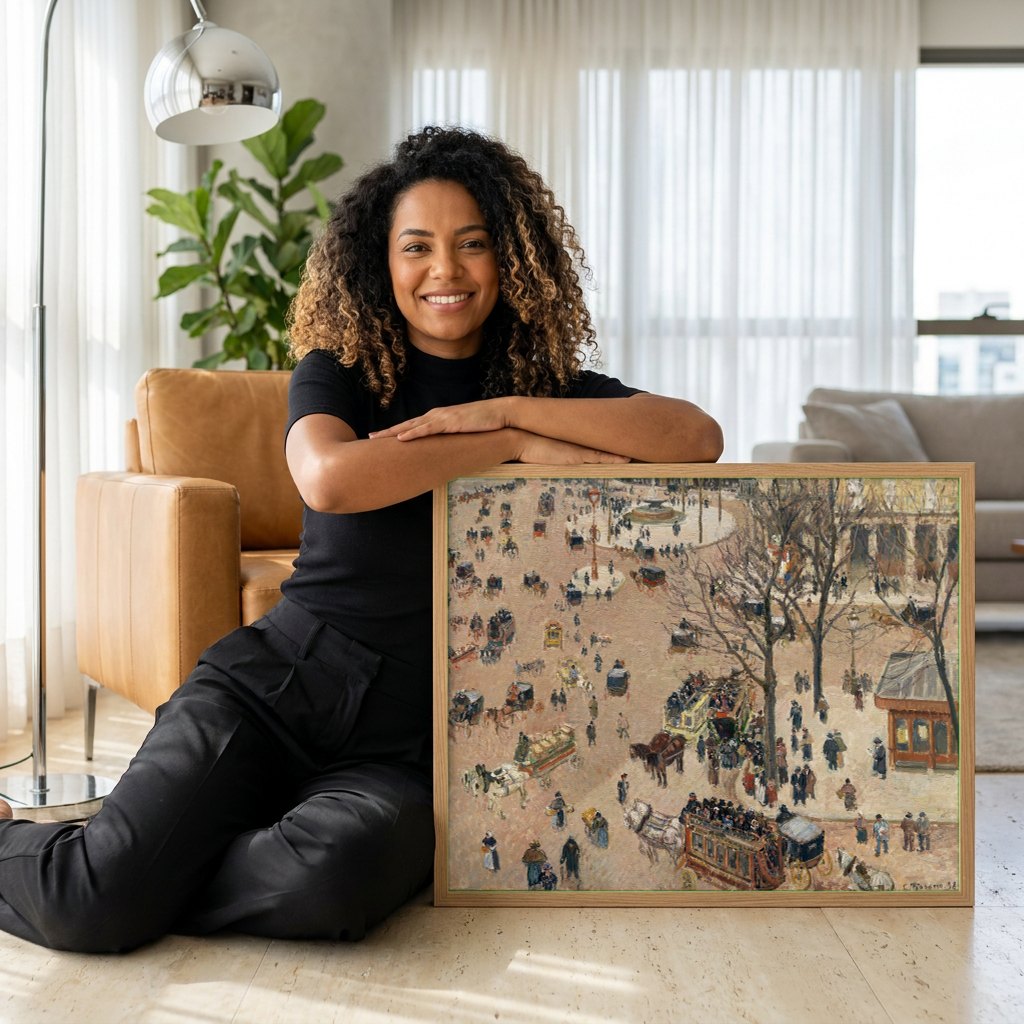 Quadro Decorativo Boulevard Montmartre - Pissarro | modelo apresentando o quadro emoldurado
