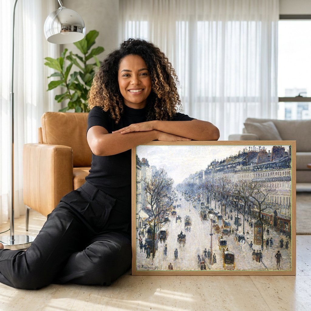 Quadro Decorativo Boulevard Montmartre - Pissarro | modelo apresentando o quadro emoldurado